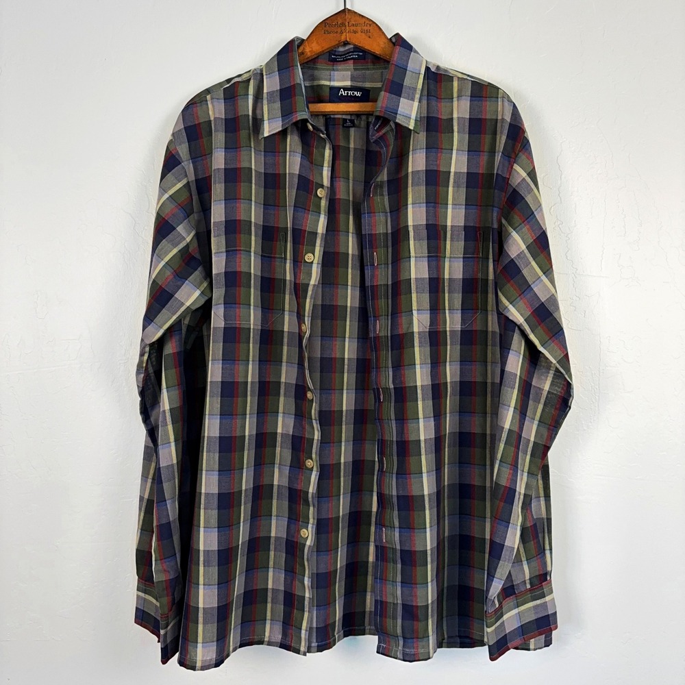 Vtg 90s Arrow Sportswear Plaid Shirt Mens L Lightweight Retro Button Up Dadcore